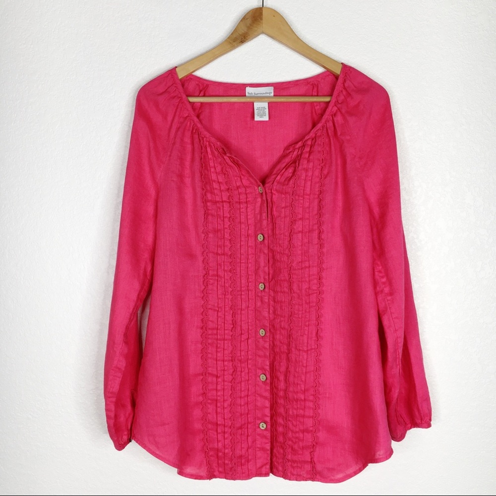 Soft Surroundings Bright Pink 100% Linen Blouse